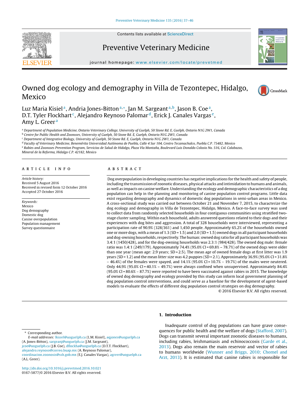 Owned Dog Ecology and Demography in Villa De Tezontepec, Hidalgo, Mexico