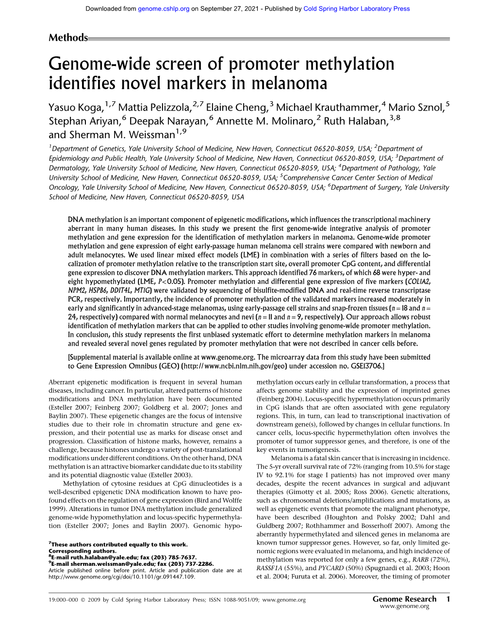 Genome-Wide Screen of Promoter Methylation Identifies Novel Markers in Melanoma