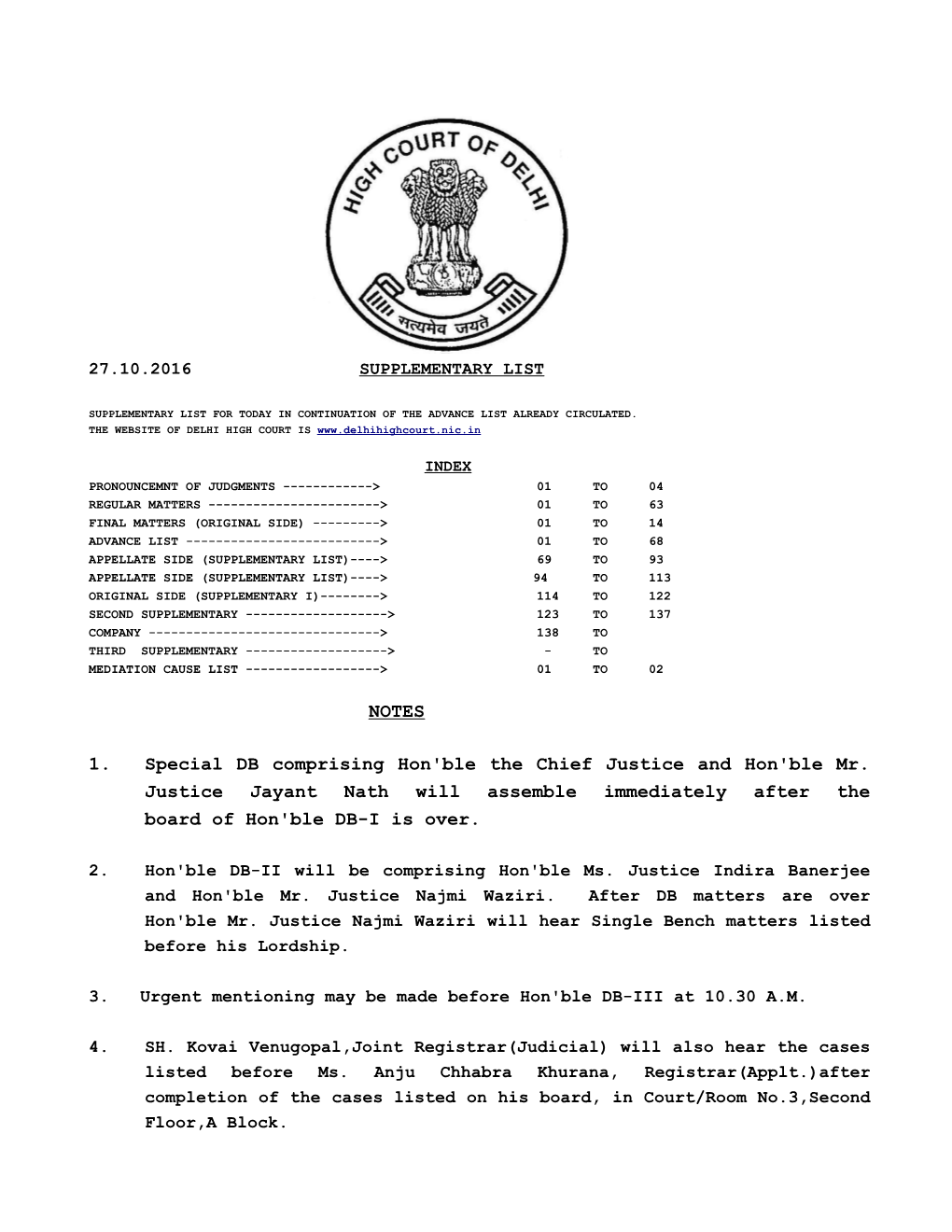 NOTES 1. Special DB Comprising Hon'ble the Chief Justice and Hon'ble