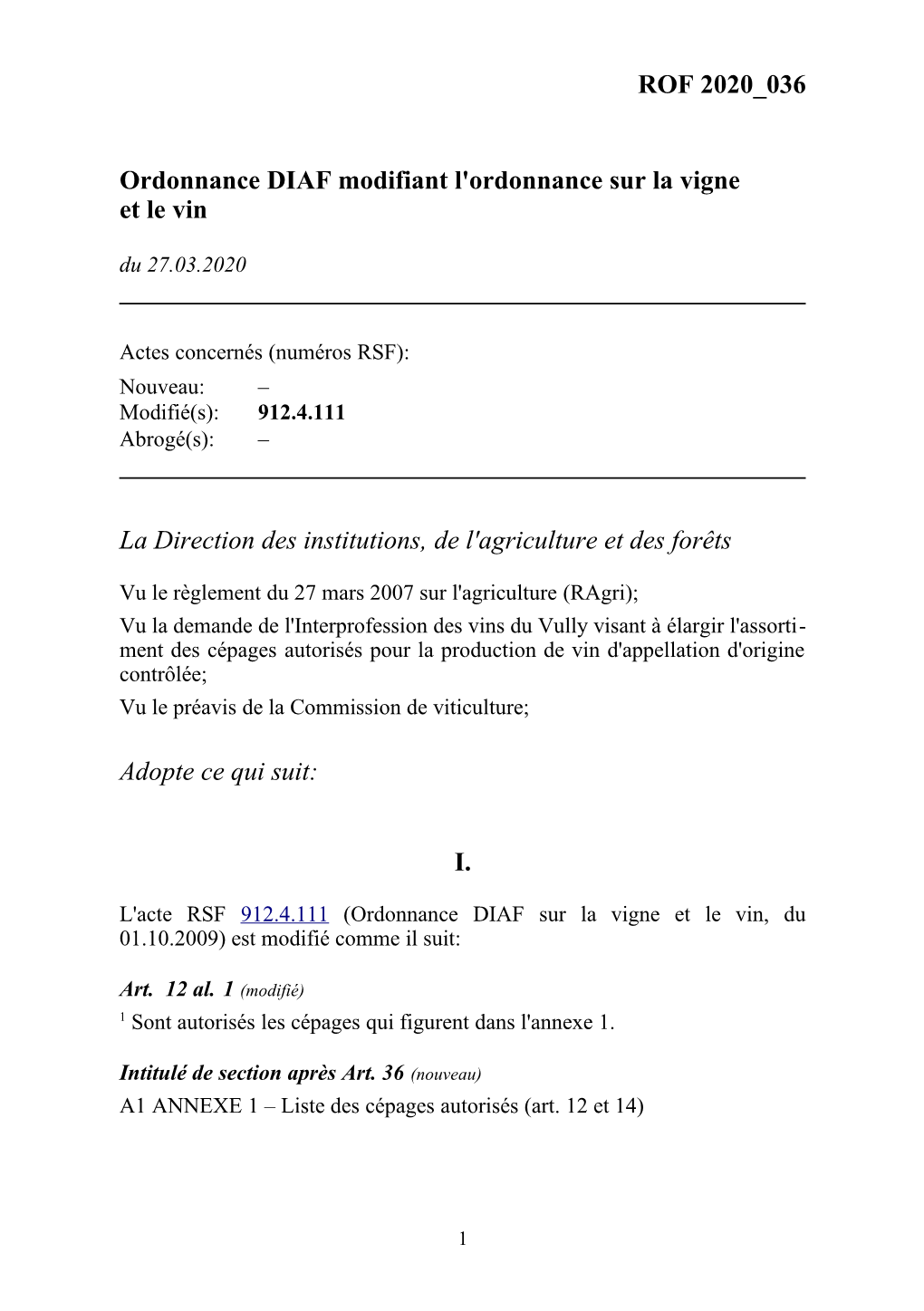 ROF 2020 036 Ordonnance DIAF Modifiant L'ordonnance Sur La Vigne
