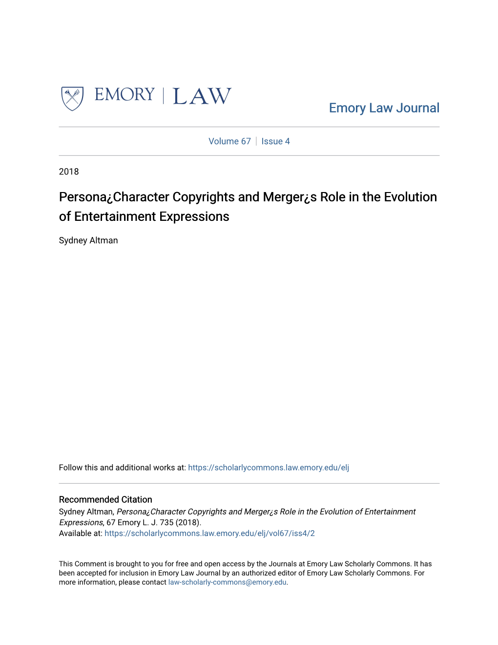 Persona¿Character Copyrights and Merger¿S Role in the Evolution of Entertainment Expressions