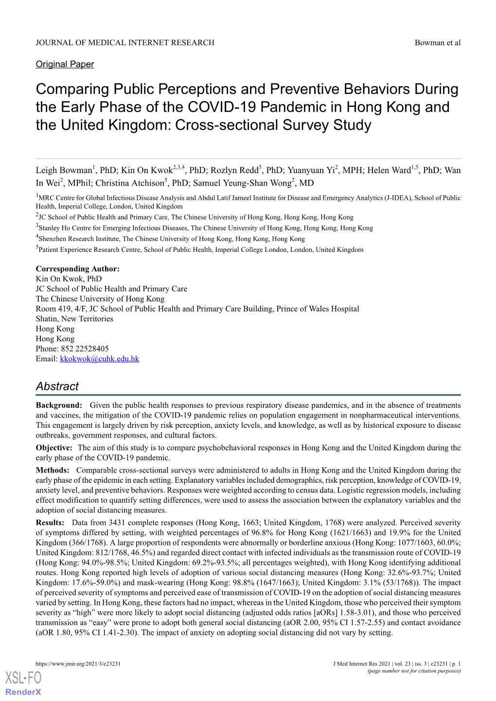 Comparing Public Perceptions and Preventive Behaviors During the Early Phase of the COVID-19 Pandemic in Hong Kong and the United Kingdom: Cross-Sectional Survey Study