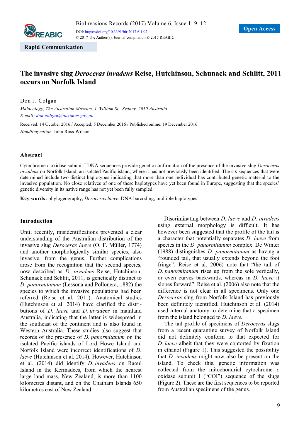 The Invasive Slug Deroceras Invadens Reise, Hutchinson, Schunack and Schlitt, 2011 Occurs on Norfolk Island