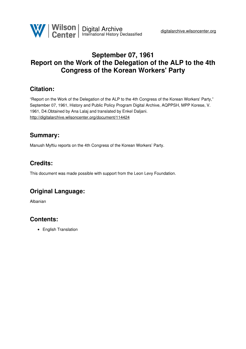 September 07, 1961 Report on the Work of the Delegation of the ALP to the 4Th Congress of the Korean Workers' Party