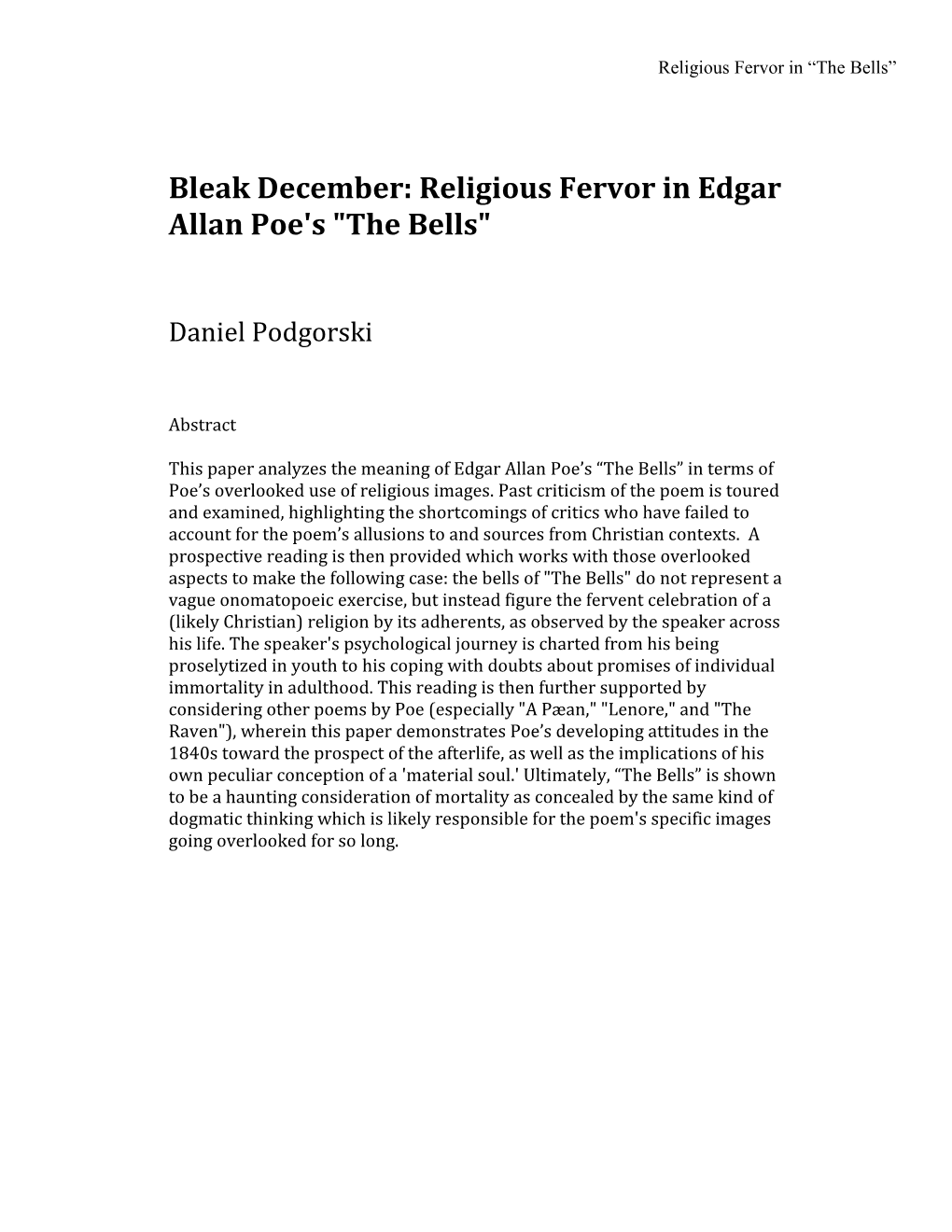 Bleak December: Religious Fervor in Edgar Allan Poe's 