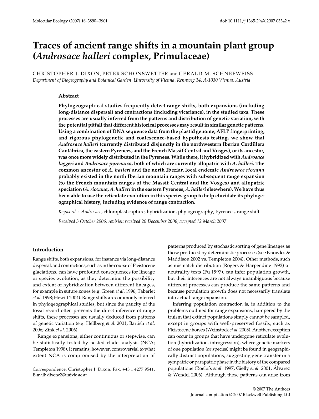 Traces of Ancient Range Shifts in a Mountain Plant Group (Androsace Halleri Complex, Primulaceae)