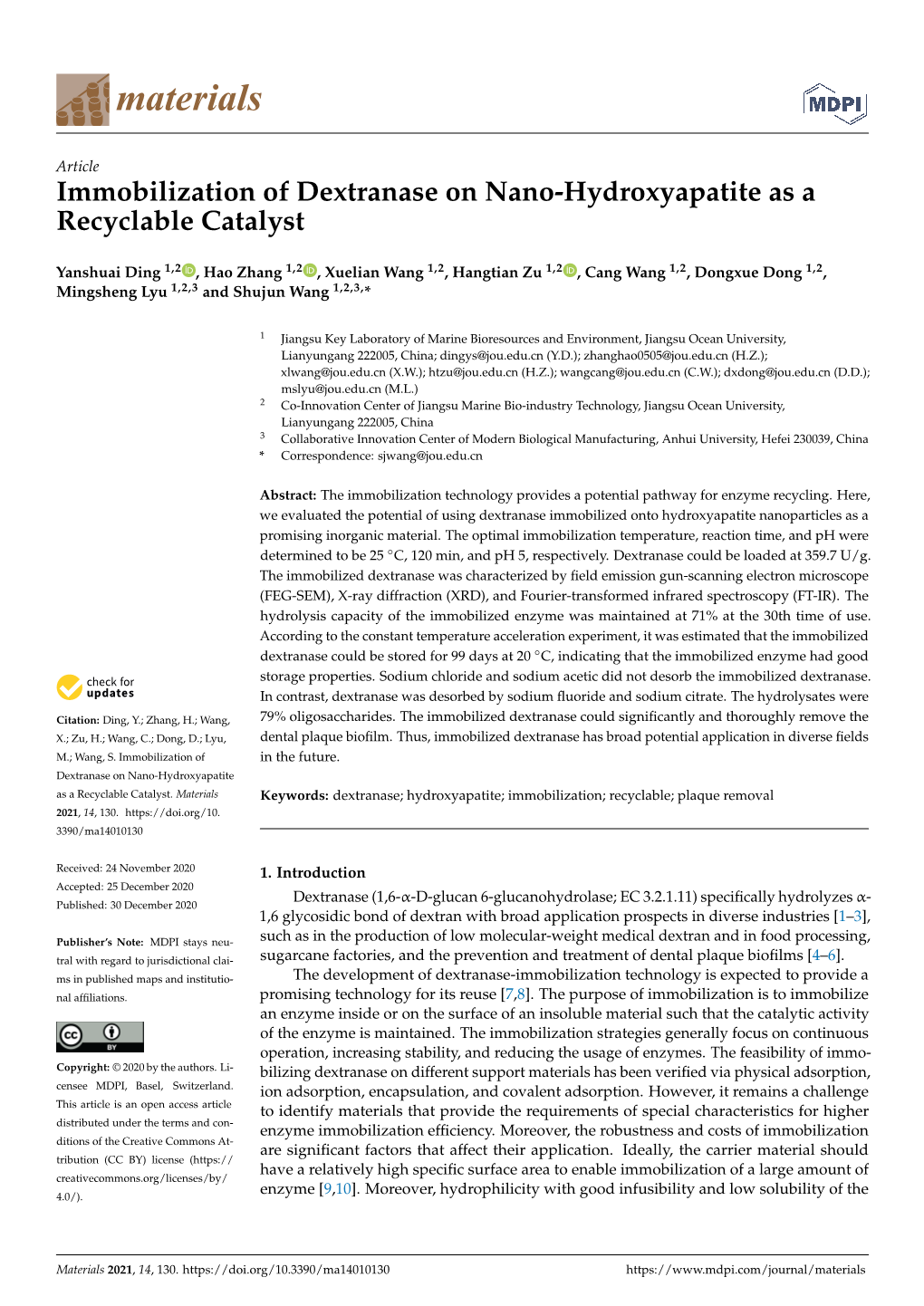 Immobilization of Dextranase on Nano-Hydroxyapatite As a Recyclable Catalyst