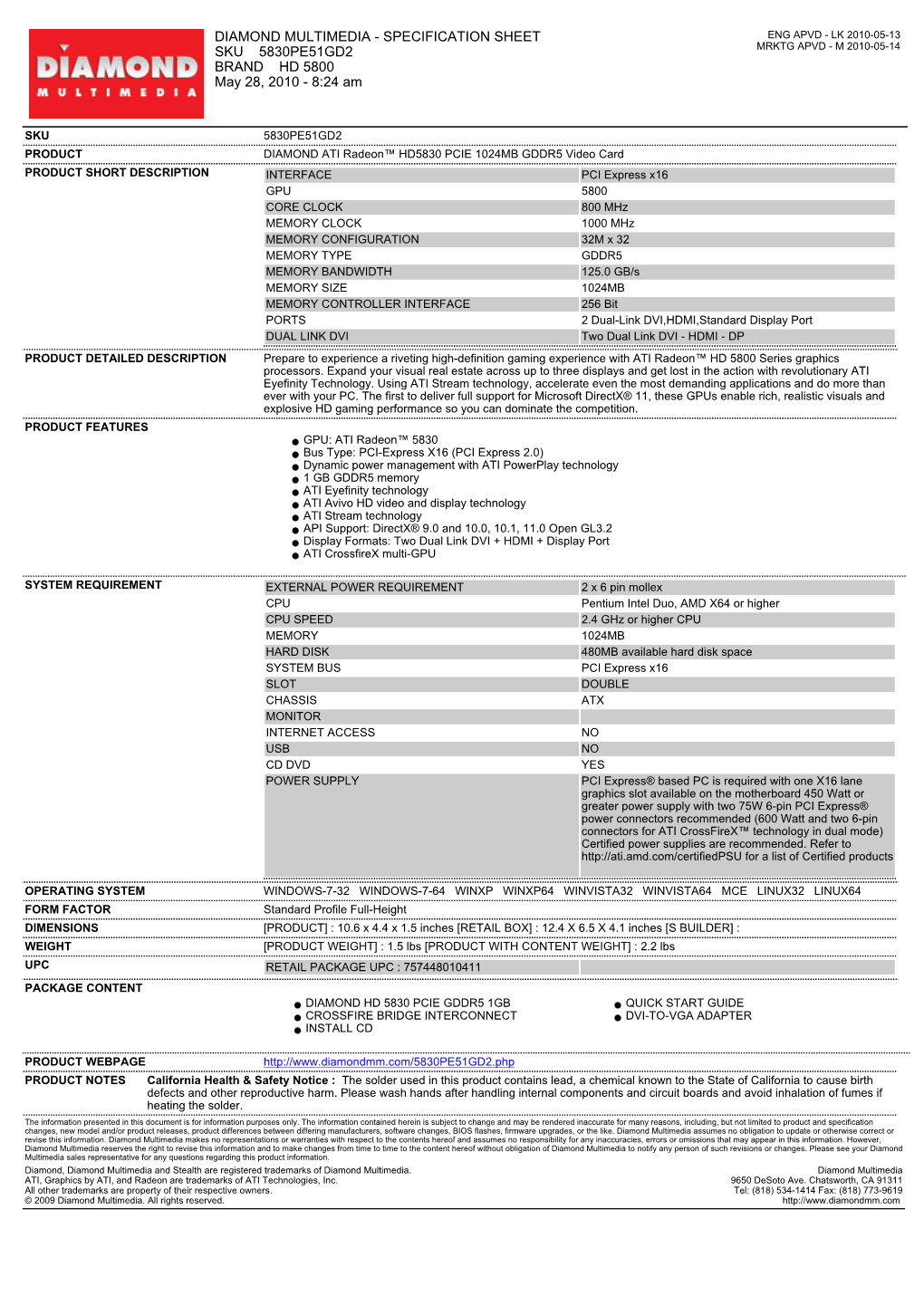 Specification Sheet Sku