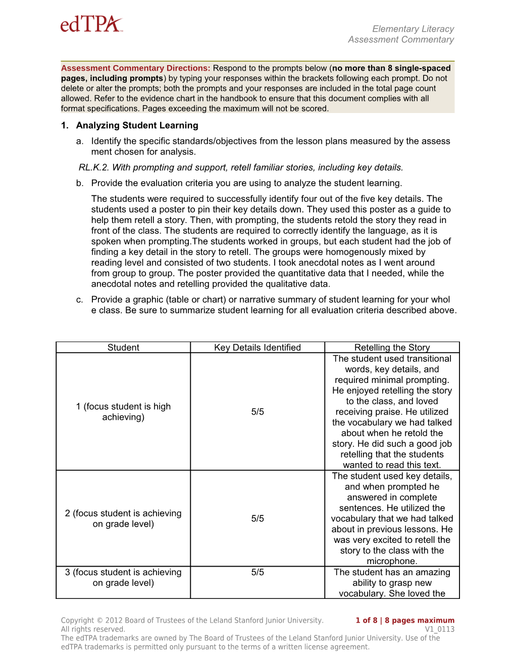 Assessment Commentary Template