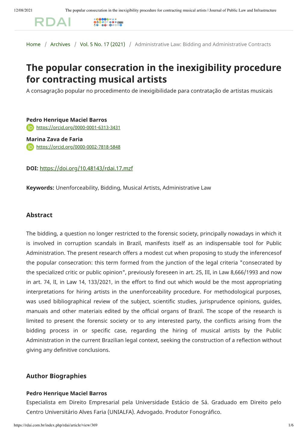 The Popular Consecration in the Inexigibility Procedure for Contracting Musical Artists | Journal of Public Law and Infrastructure