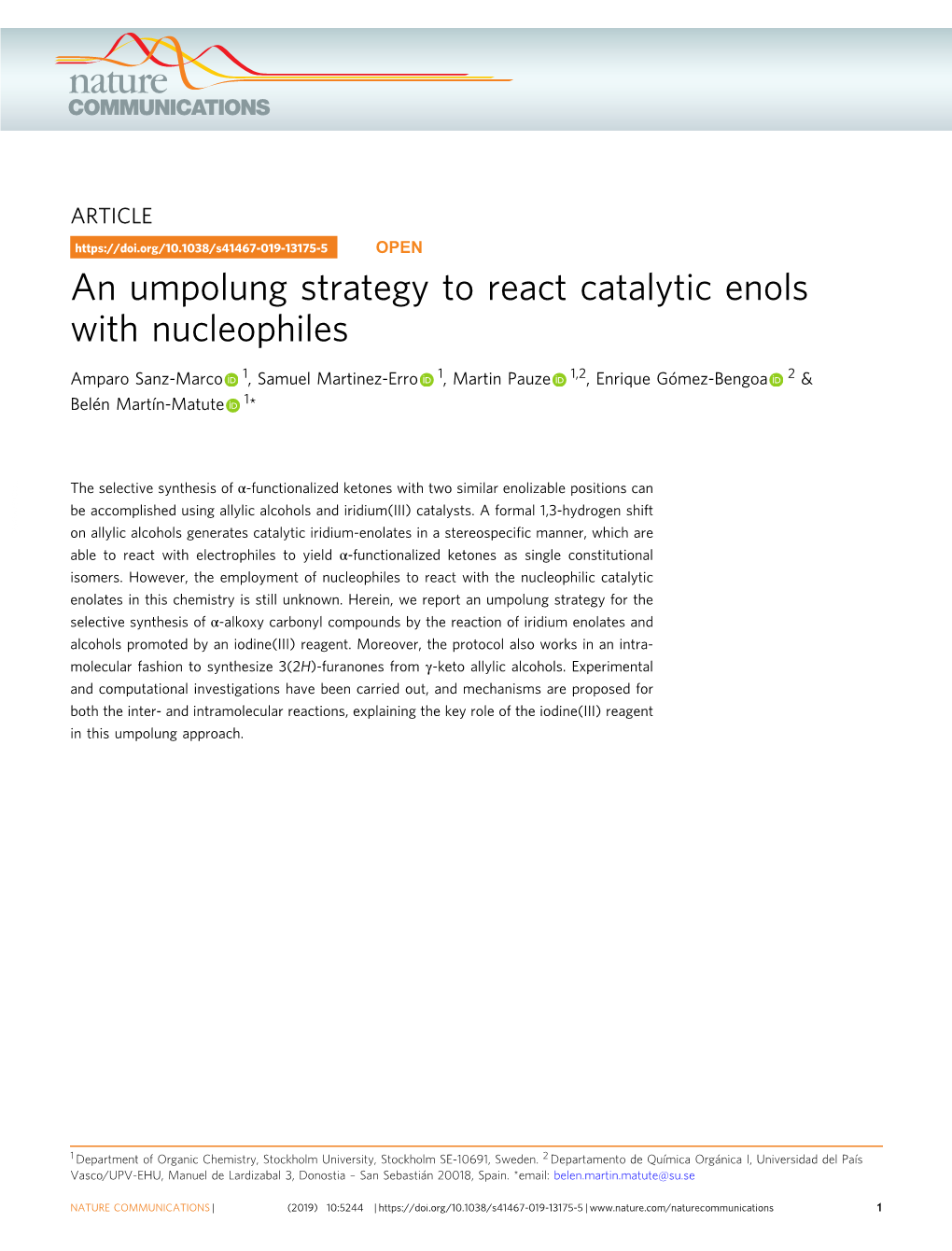 An Umpolung Strategy to React Catalytic Enols with Nucleophiles