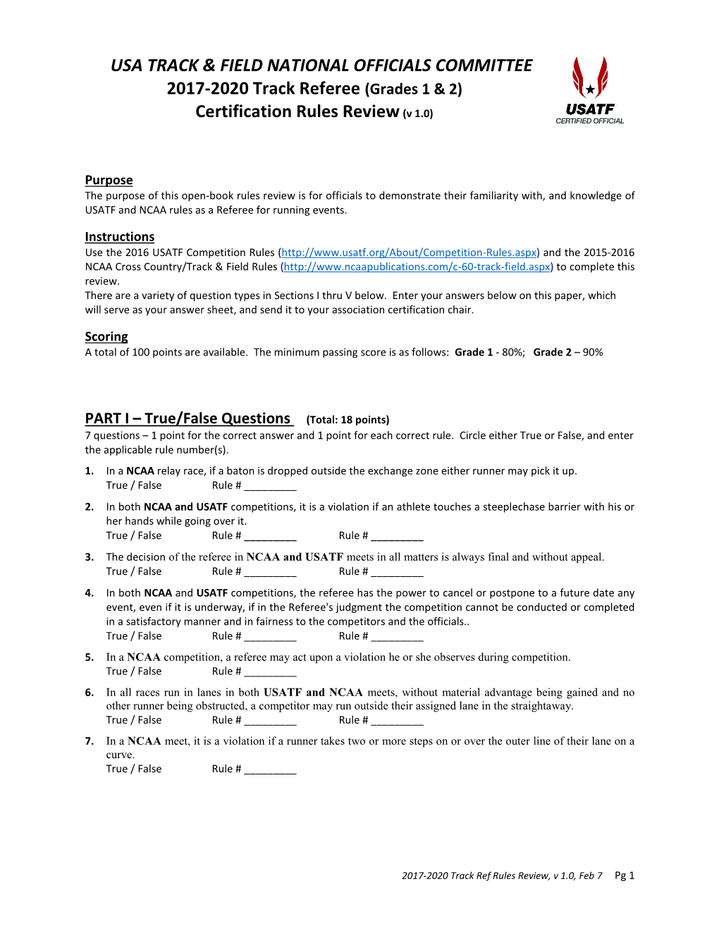 Track Referee (Grades 1 & 2) Certification Rules Review (V 1.0)
