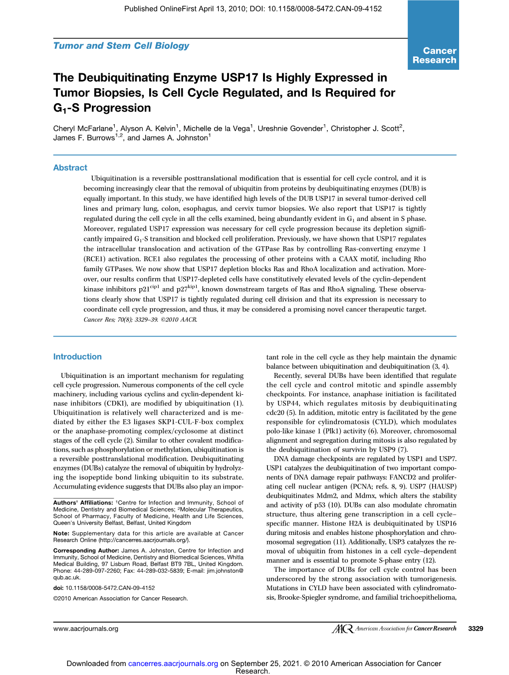 The Deubiquitinating Enzyme USP17 Is Highly Expressed in Tumor Biopsies, Is Cell Cycle Regulated, and Is Required For