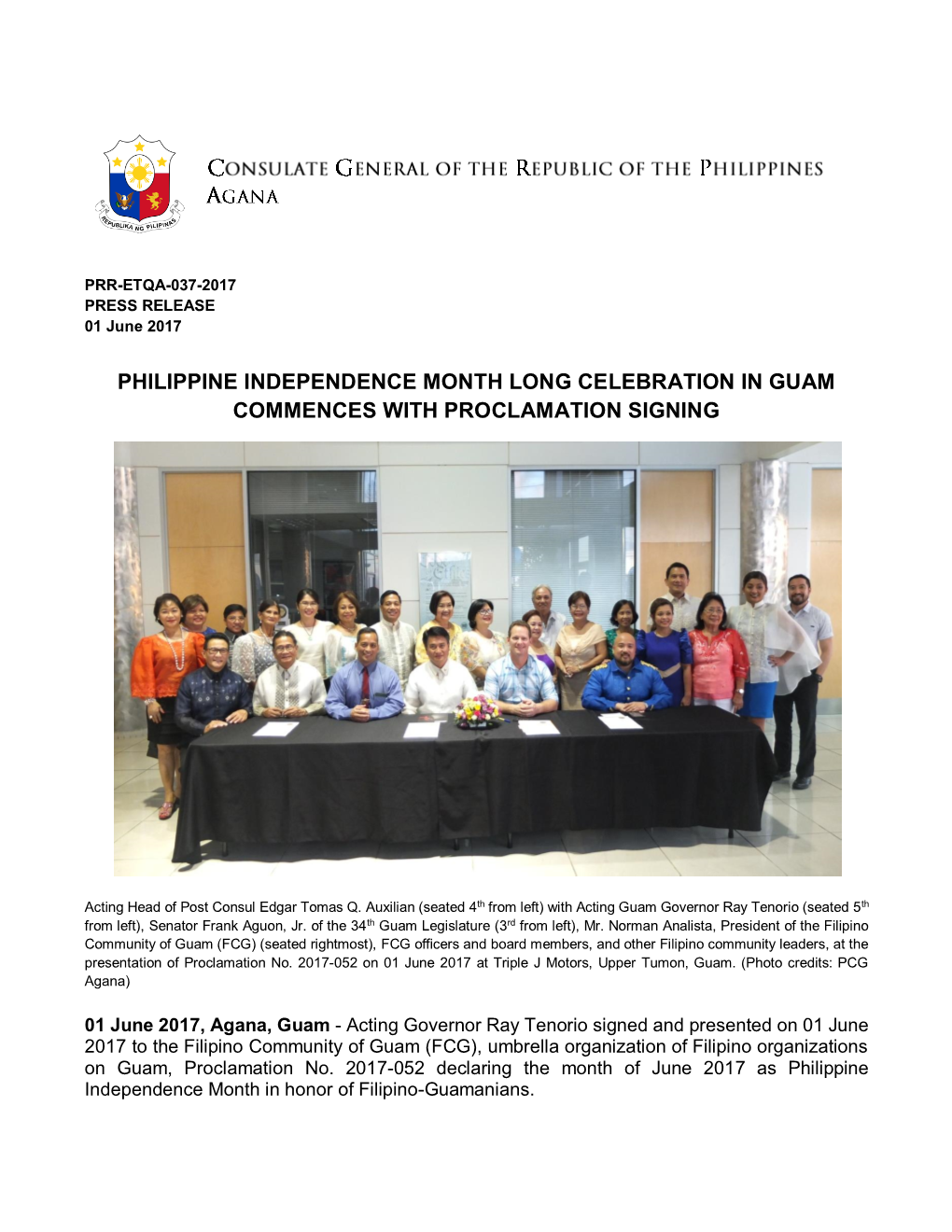 Philippine Independence Month Long Celebration in Guam Commences with Proclamation Signing