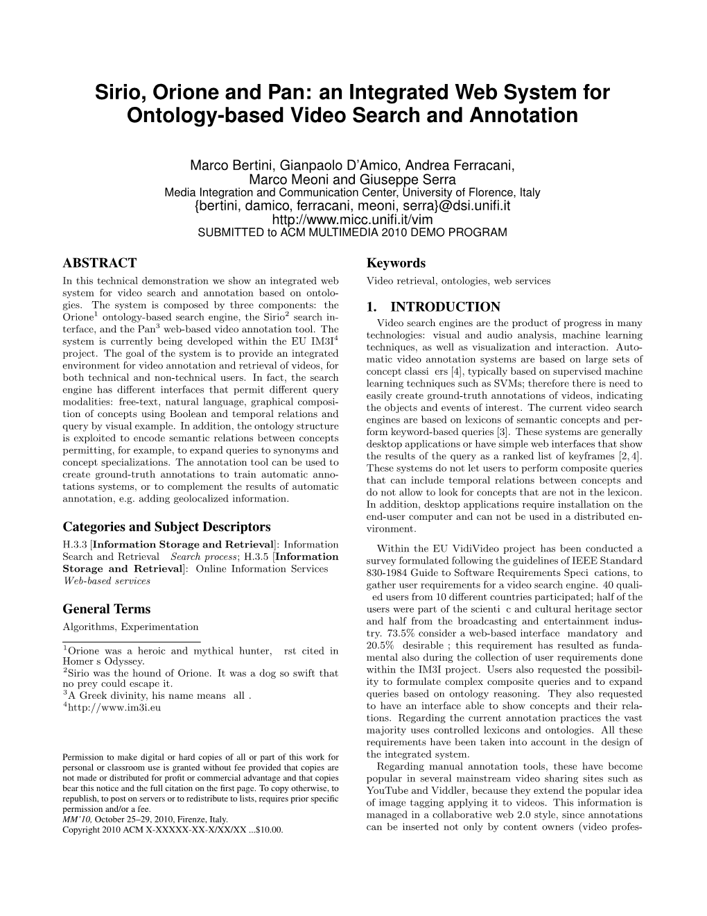 Sirio, Orione and Pan: an Integrated Web System for Ontology-Based Video Search and Annotation