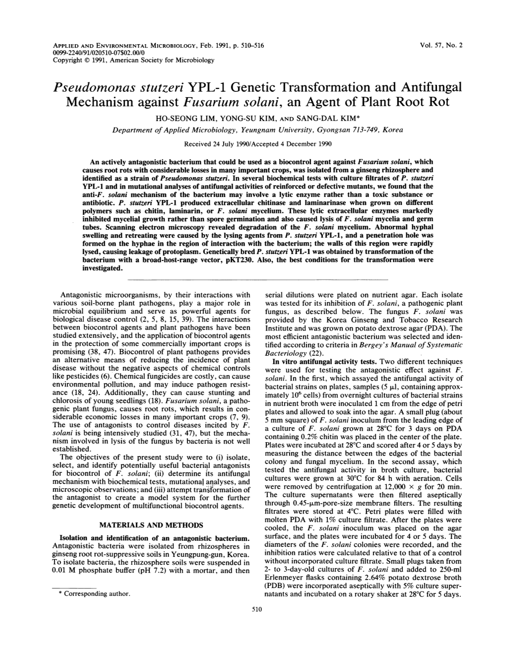 Pseudomonas Stutzeri YPL-1 Genetic Transformation and Antifungal