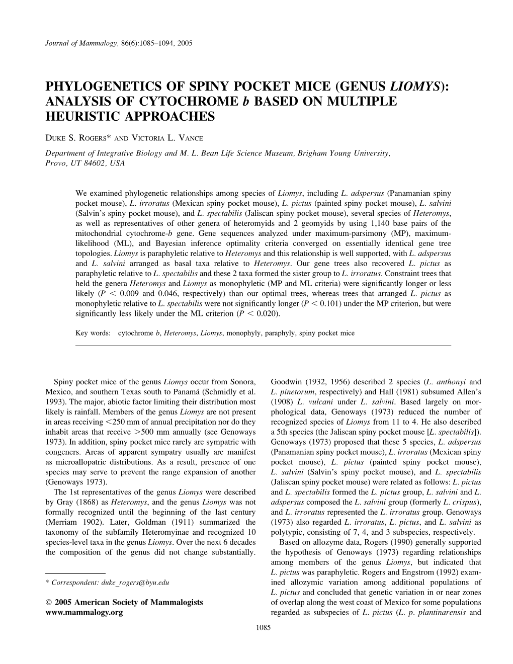 PHYLOGENETICS of SPINY POCKET MICE (GENUS LIOMYS): ANALYSIS of CYTOCHROME B BASED on MULTIPLE HEURISTIC APPROACHES