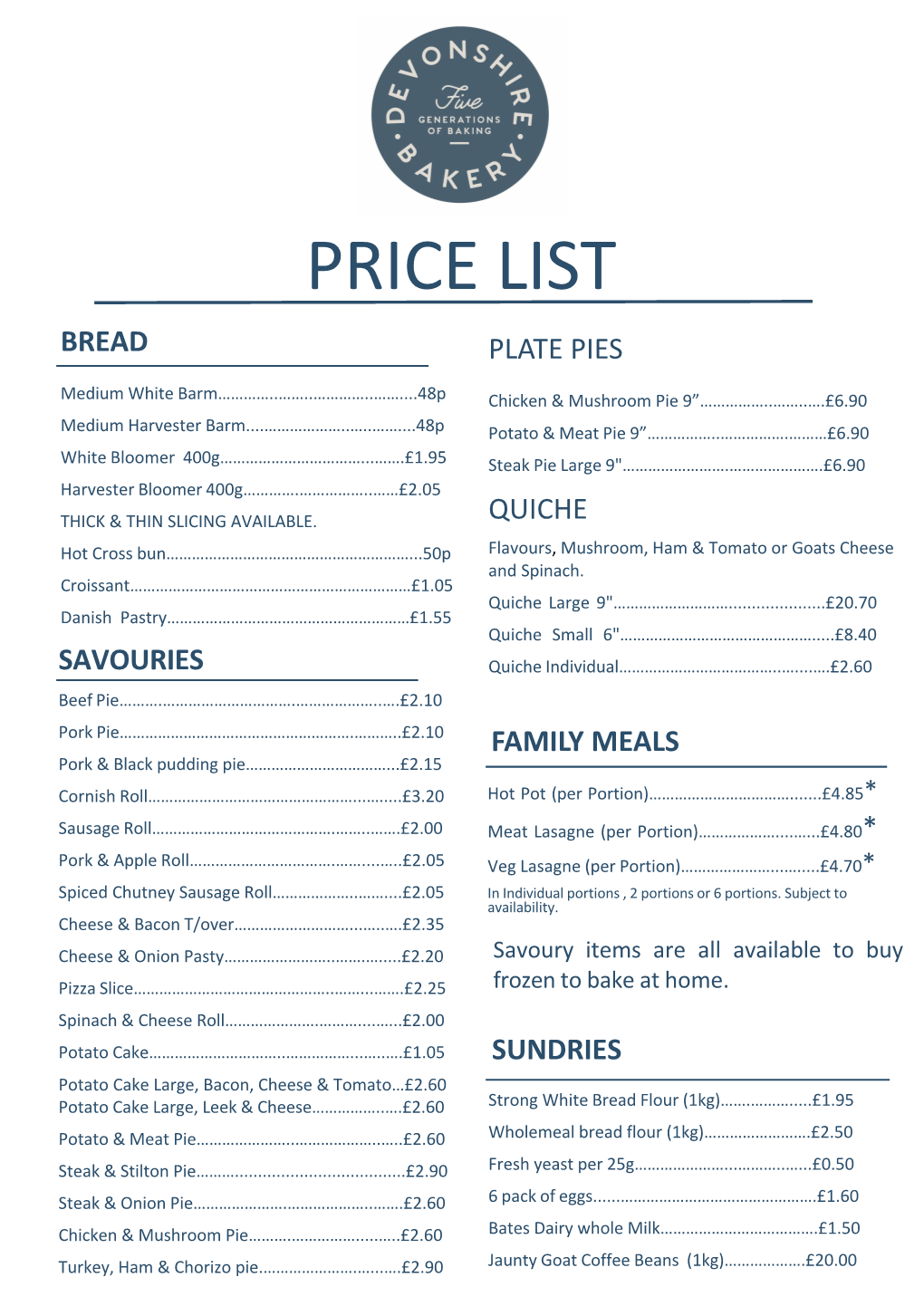 Price List Bread Plate Pies