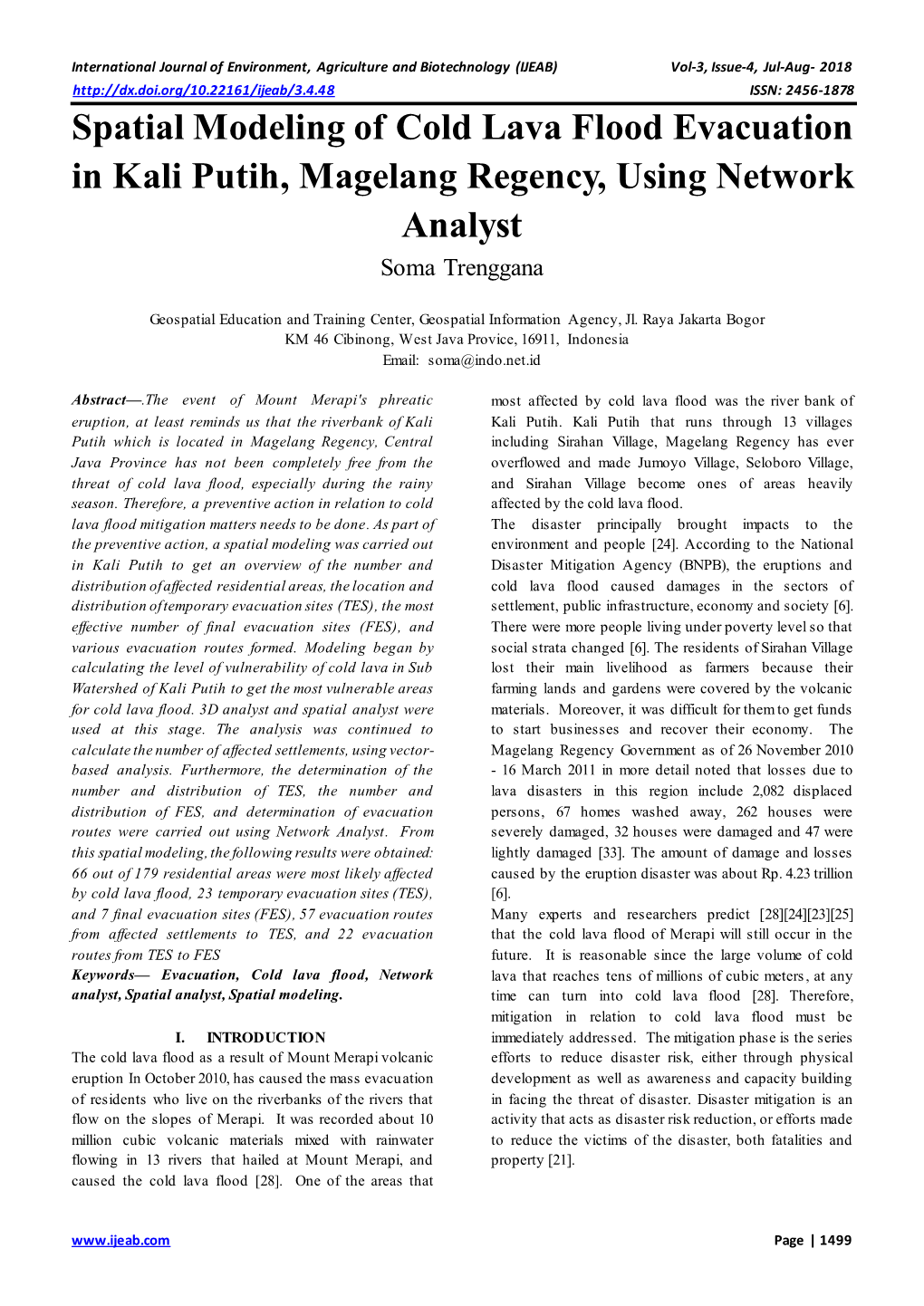 Spatial Modeling of Cold Lava Flood Evacuation in Kali Putih, Magelang Regency, Using Network Analyst Soma Trenggana