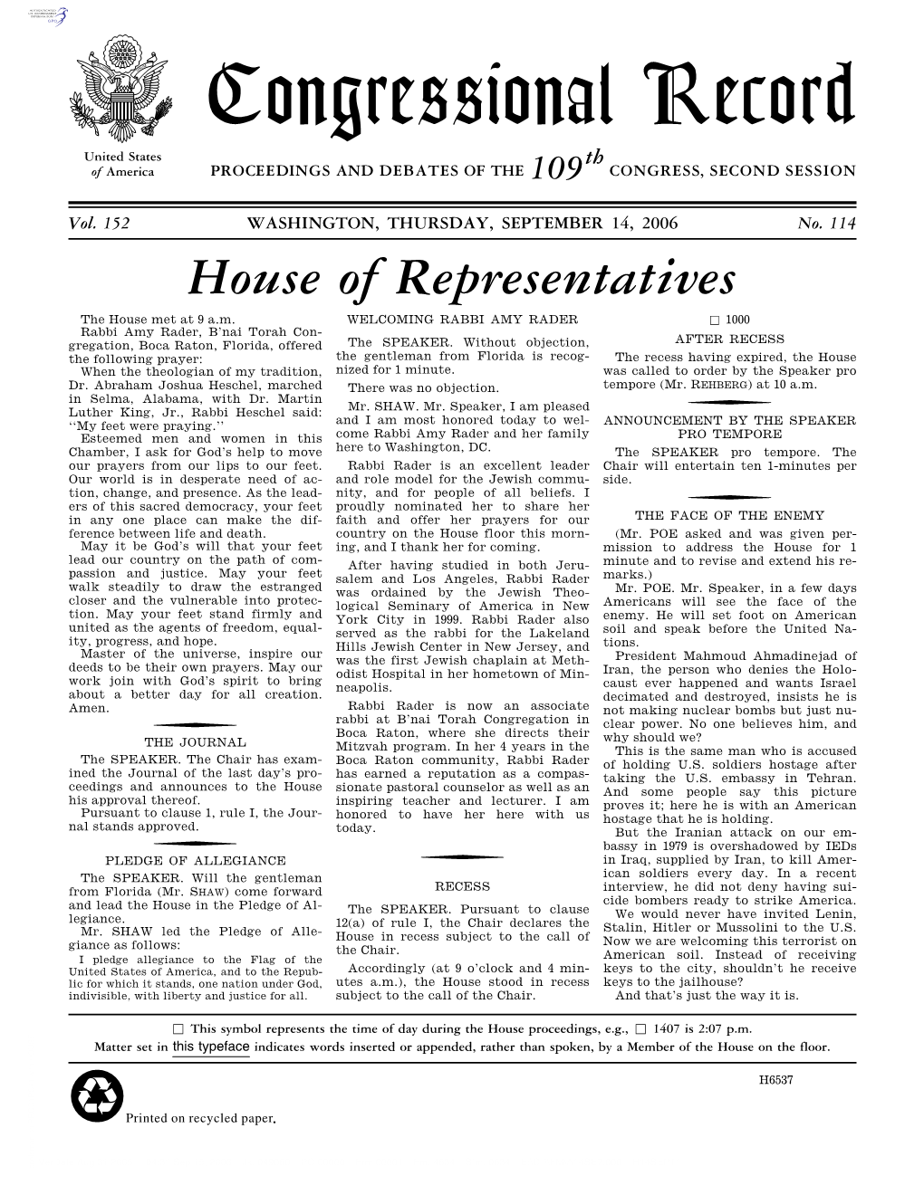 Congressional Record United States Th of America PROCEEDINGS and DEBATES of the 109 CONGRESS, SECOND SESSION