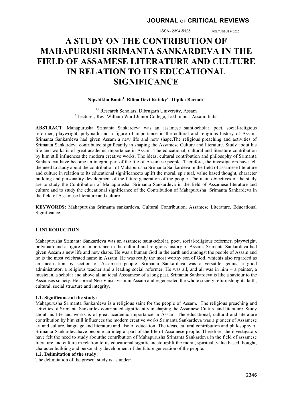 A Study on the Contribution of Mahapurush Srimanta Sankardeva in the Field of Assamese Literature and Culture in Relation to Its Educational Significance