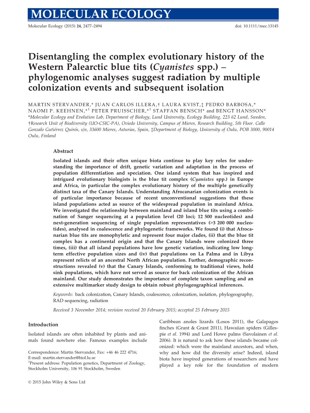 Stervander Et Al. 2015 Mol Ecol