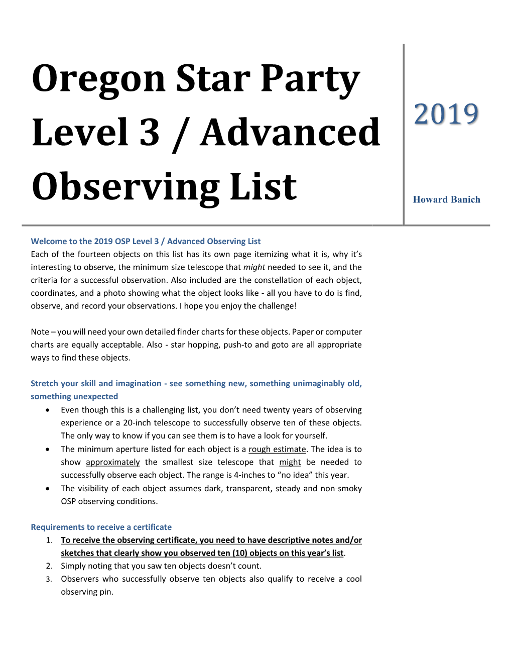 Oregon Star Party Level 3 / Advanced Observing List