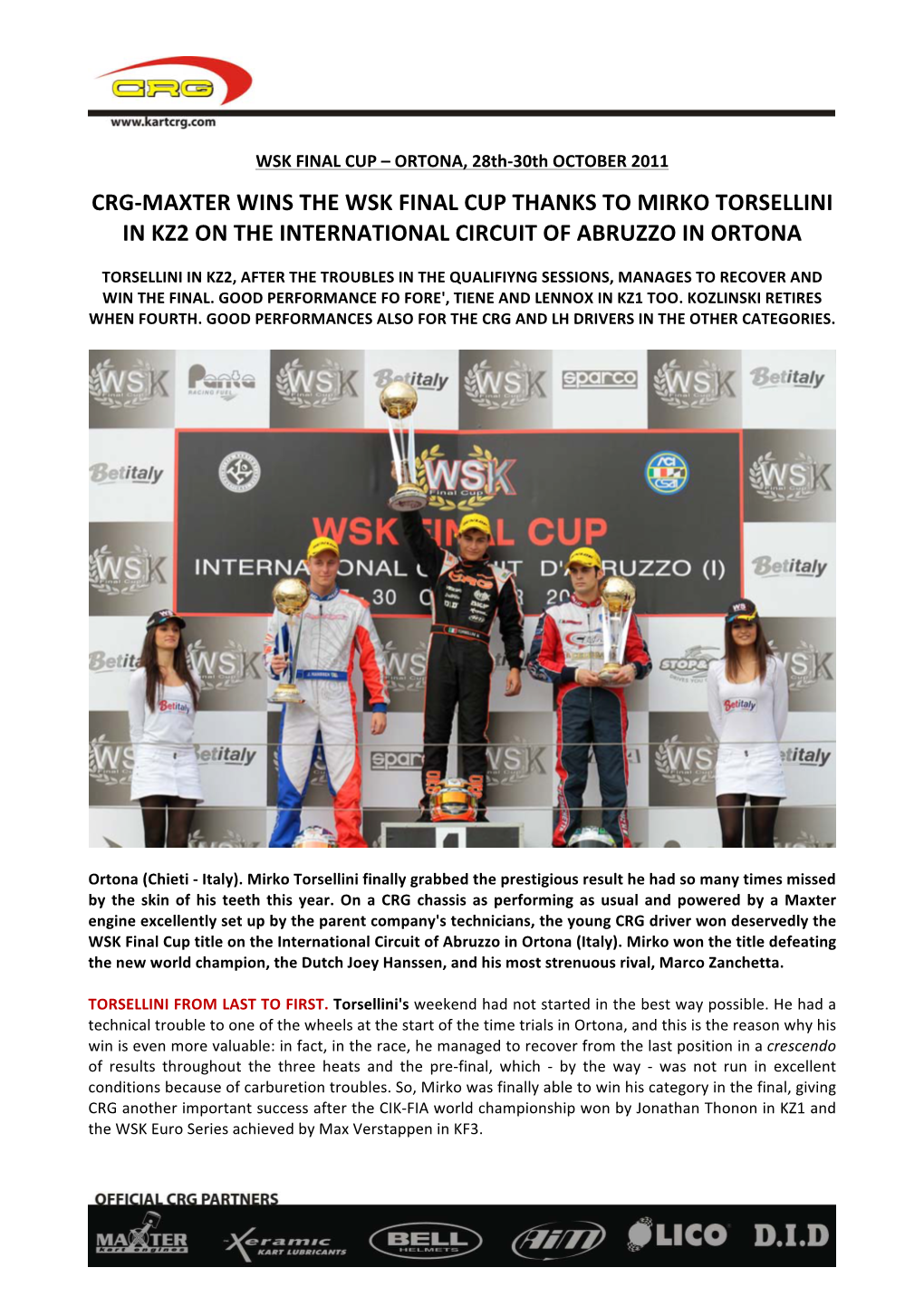 Crg-‐Maxter Wins the Wsk Final Cup Thanks to Mirko