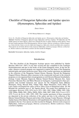 Checklist of Hungarian Sphecidae and Apidae Species (Hymenoptera, Sphecidae and Apidae)