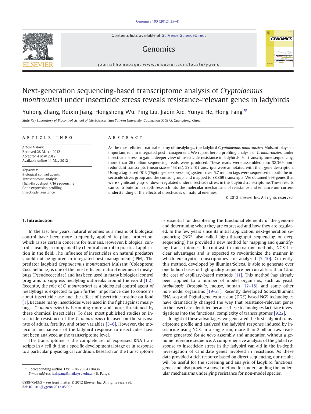 Next-Generation Sequencing-Based Transcriptome Analysis of Cryptolaemus Montrouzieri Under Insecticide Stress Reveals Resistance-Relevant Genes in Ladybirds