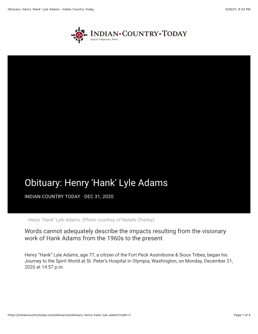 Obituary: Henry 'Hank' Lyle Adams - Indian Country Today 3/26/21, 8:33 PM