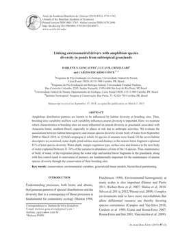 Linking Environmental Drivers with Amphibian Species Diversity in Ponds from Subtropical Grasslands