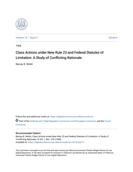 Class Actions Under New Rule 23 and Federal Statutes of Limitation: a Study of Conflicting Rationale