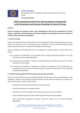 Call for Expressions of Interest for External Experts to Be Appointed to the Procurement and Contracts Committee of Fusion for Energy