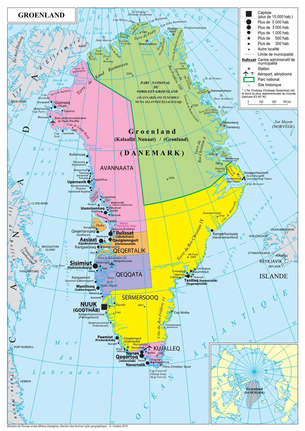 GROENLAND É a Dgman I Q (Plus De 15 000 Hab.) C Cap Morris P Bri U O Jesup Ca Asmussen E Sen Iler R Plus De 5 000 Hab