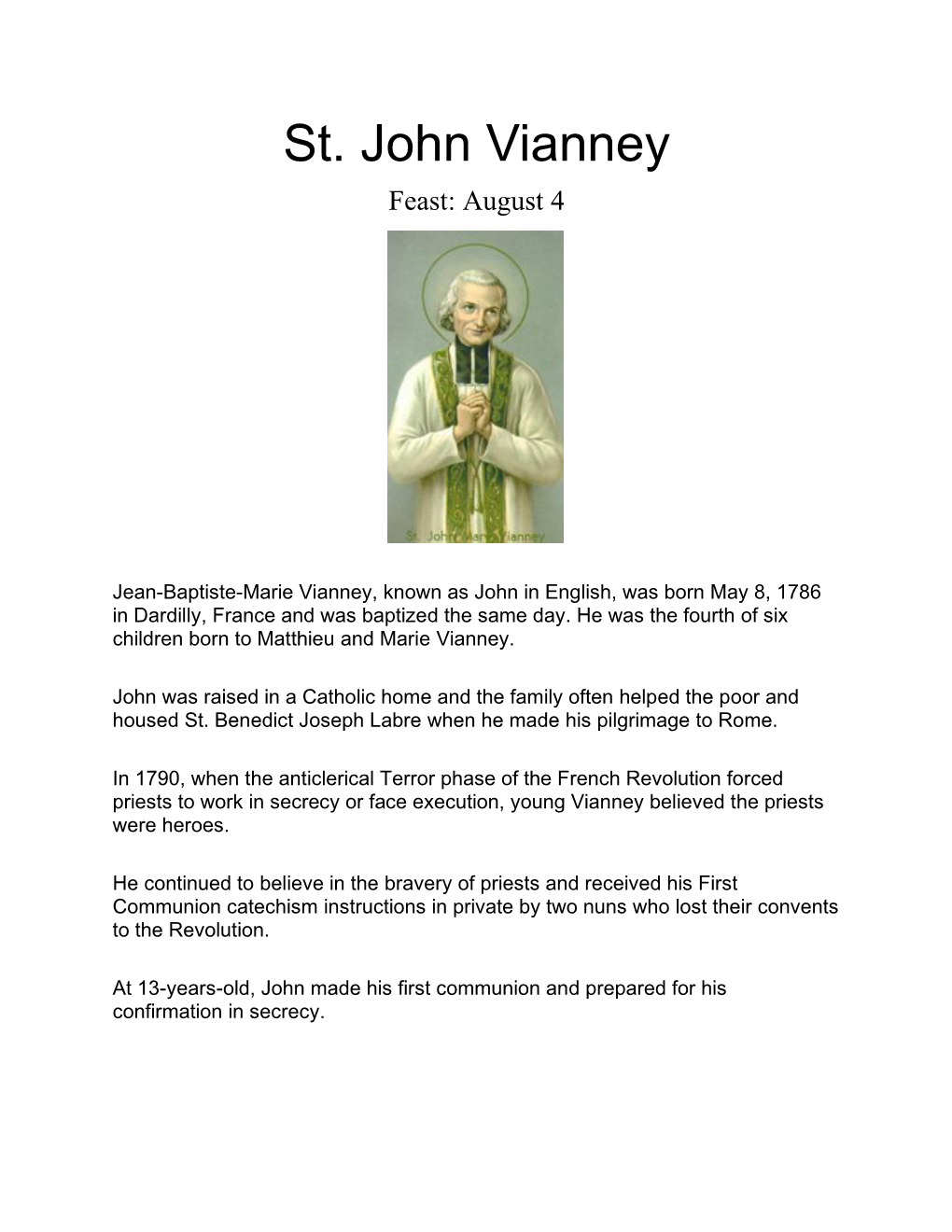 St. John Vianney Feast: August 4