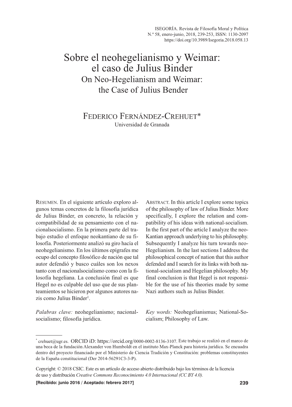 El Caso De Julius Binder on Neo-Hegelianism and Weimar: the Case of Julius Bender