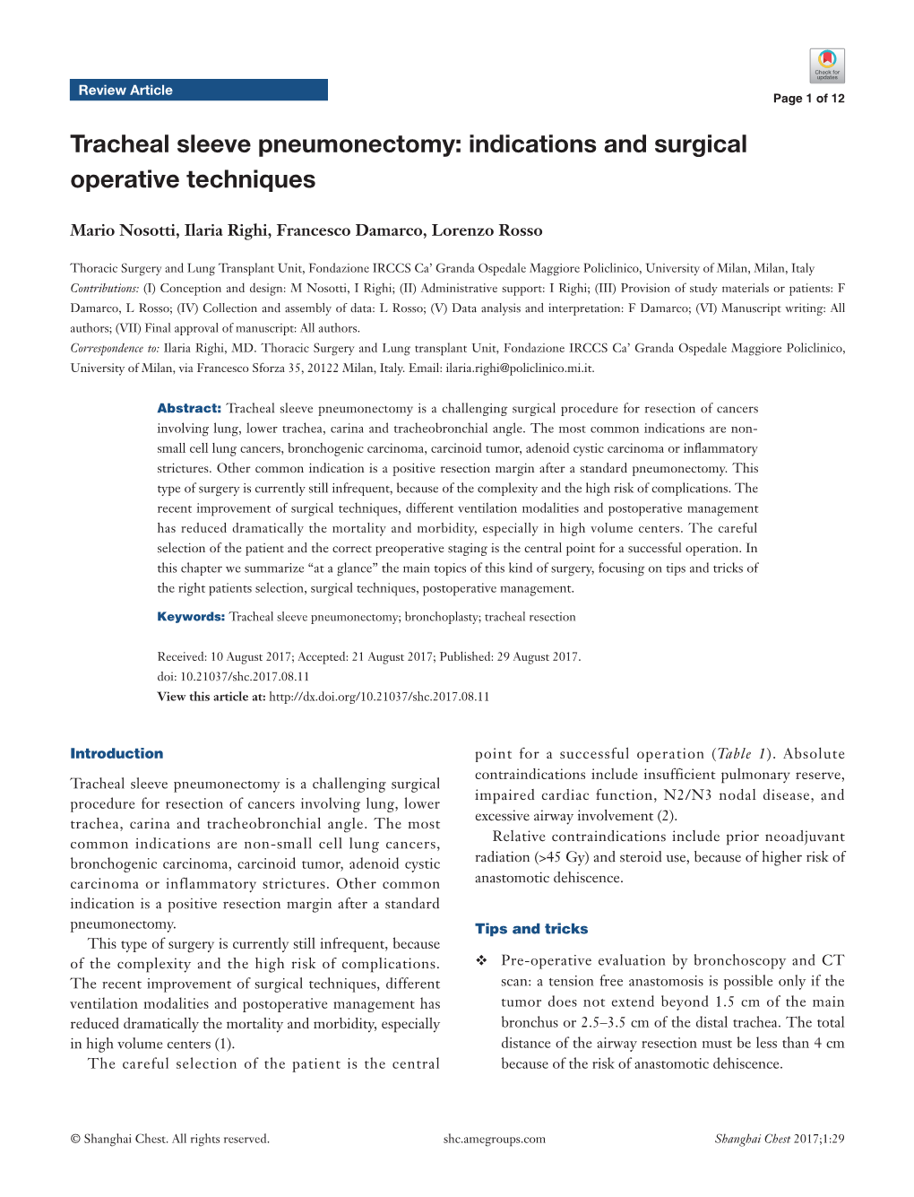 Tracheal Sleeve Pneumonectomy: Indications and Surgical Operative Techniques