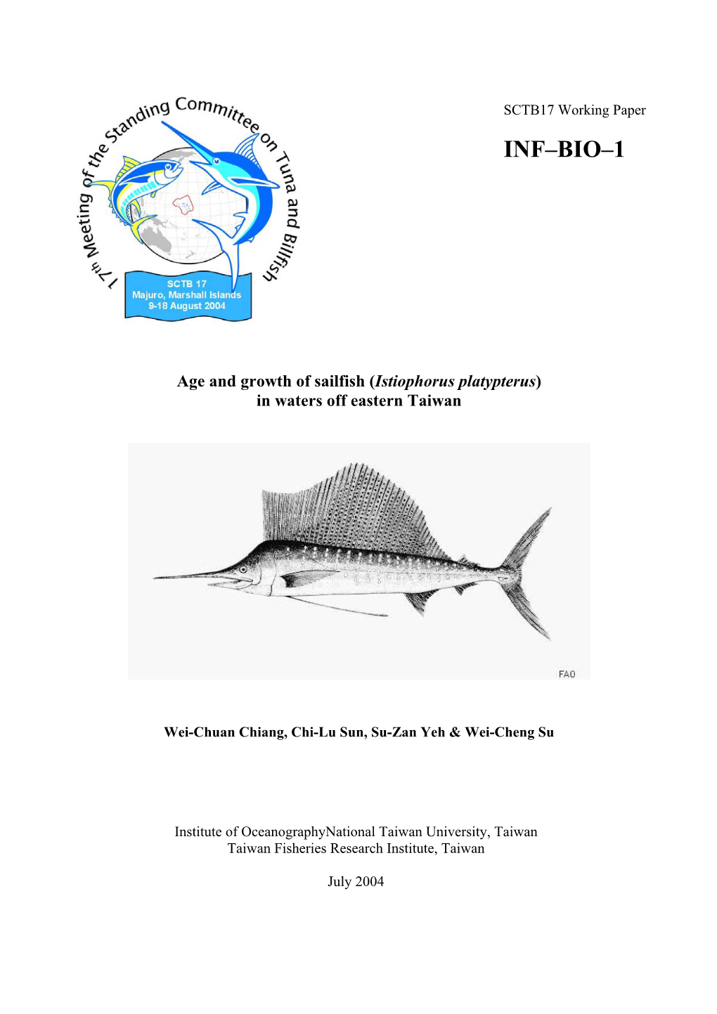 Age and Growth of Sailfish (<I>Istiophorus Platypterus</I>) In