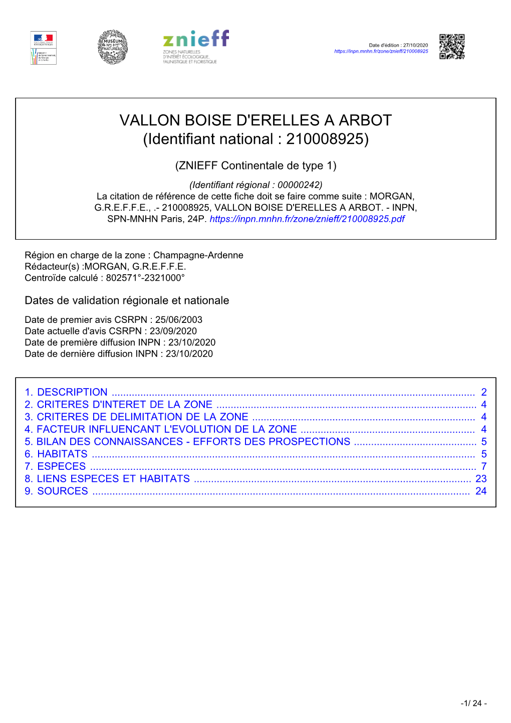 VALLON BOISE D'erelles a ARBOT (Identifiant National : 210008925)