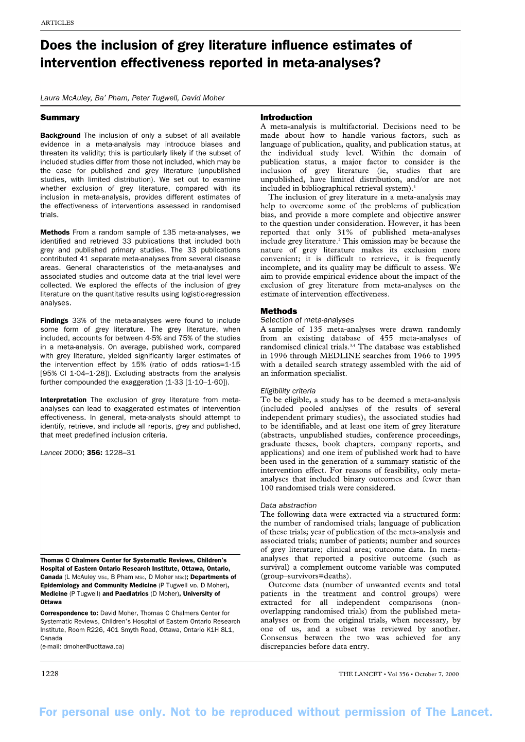 Does the Inclusion of Grey Literature Influence Estimates of Intervention Effectiveness Reported in Meta-Analyses?