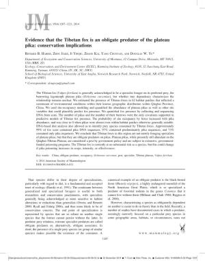 Evidence That the Tibetan Fox Is an Obligate Predator of the Plateau Pika: Conservation Implications