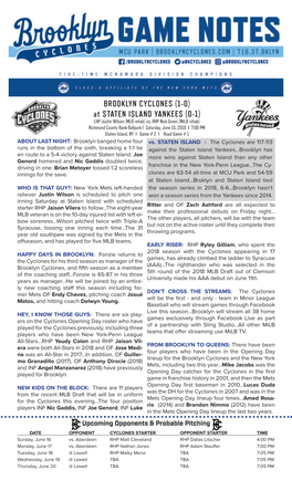 BROOKLYN CYCLONES (1-0) at STATEN ISLAND YANKEES (0-1) LHP Justin Wilson (MLB Rehab) Vs