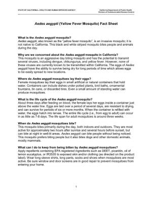 Aedes Aegypti (Yellow Fever Mosquito) Fact Sheet