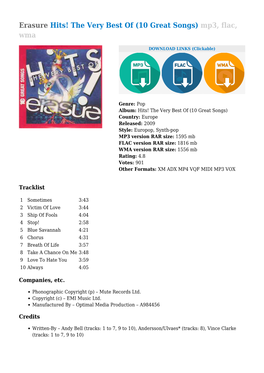 Erasure Hits! the Very Best of (10 Great Songs) Mp3, Flac, Wma
