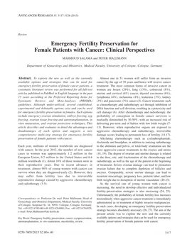 Emergency Fertility Preservation for Female Patients with Cancer: Clinical Perspectives