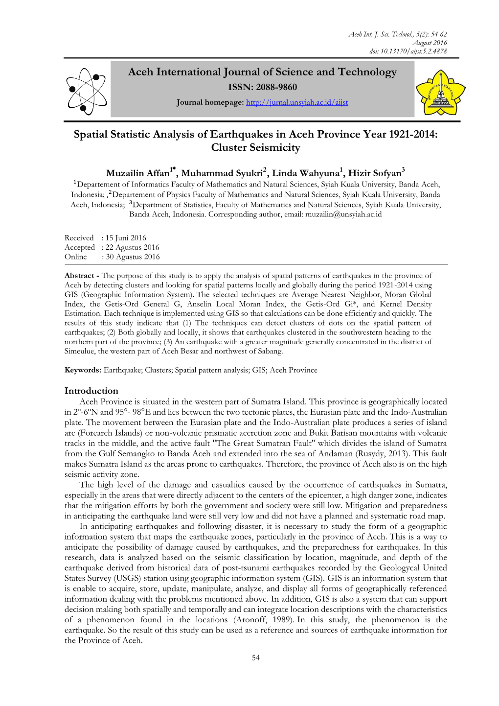 Spatial Statistic Analysis of Earthquakes in Aceh Province Year 1921-2014: Cluster Seismicity