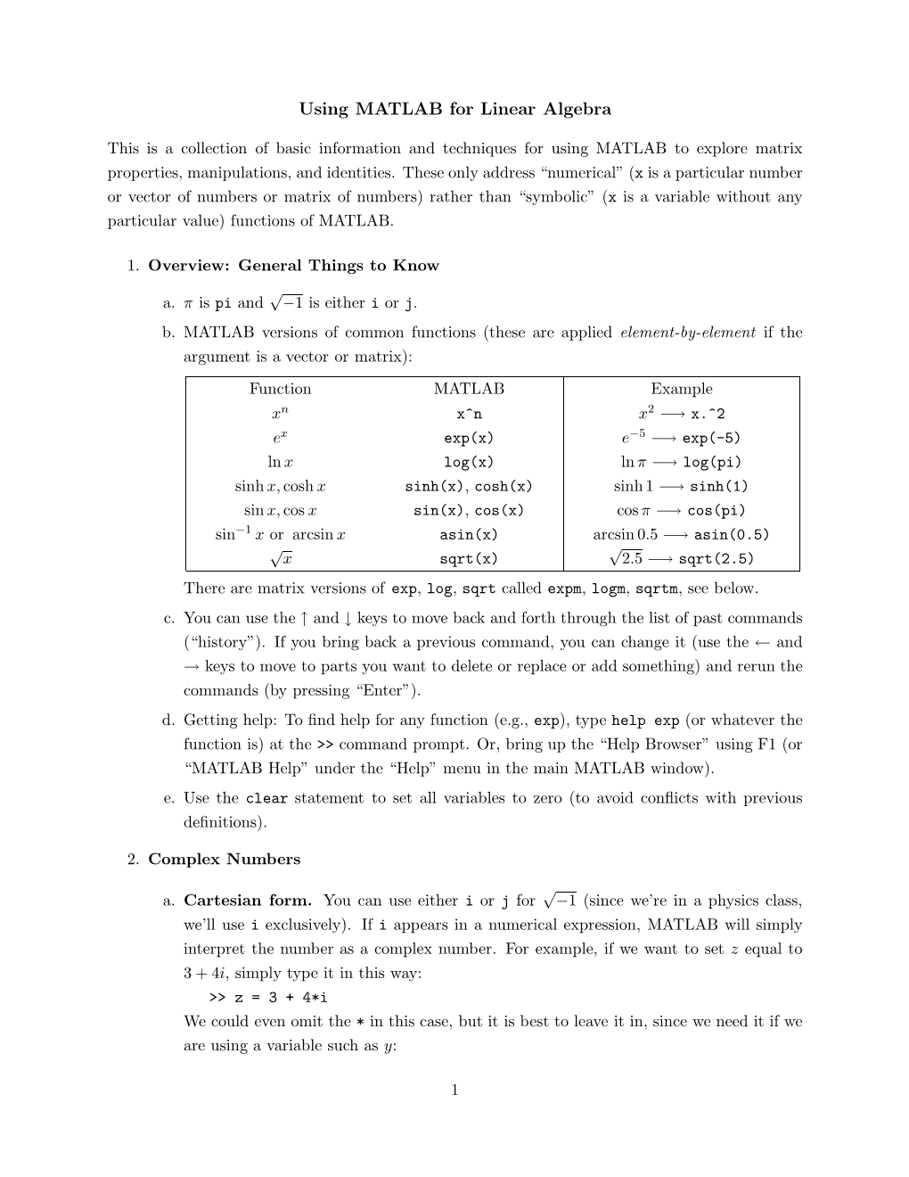 Using MATLAB for Linear Algebra