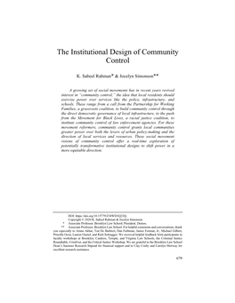 The Institutional Design of Community Control