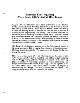 Historical Facts Regarding Mary Baker Eddy's Student, Bliss Knapp